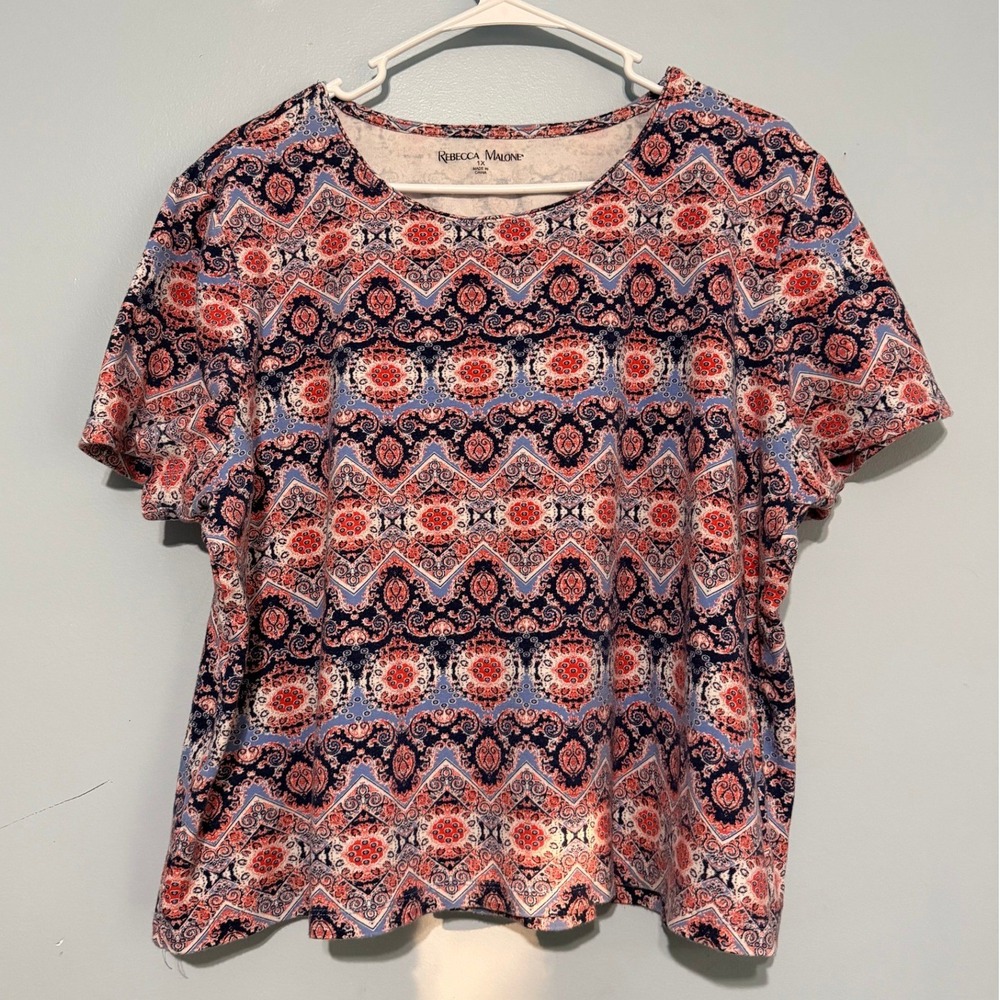 Rebecca Malone Women's 1X Cotton Short Sleeve Medallion Print Knit Red Blue 1732